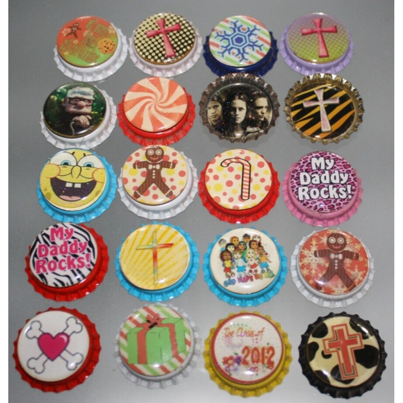 Lot Of 20 Refrigerator Magnets Bottle Caps Colorful Variety Handmade New - Picture 1 of 5